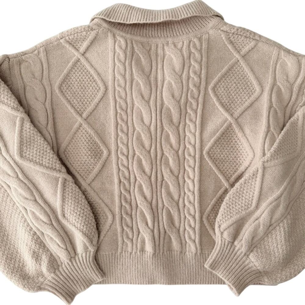 Steve Madden Cay Cable Knit Sweater Neutral Ivory Medium Relax Fit V-Neck Collar - Picture 7 of 8